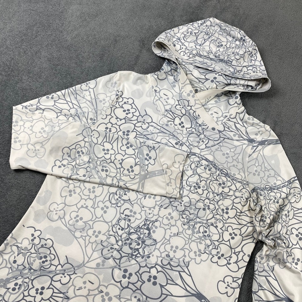 Terry Women Large Cycling Hoodie White Grey Floral Thumbhole Rear Pockets